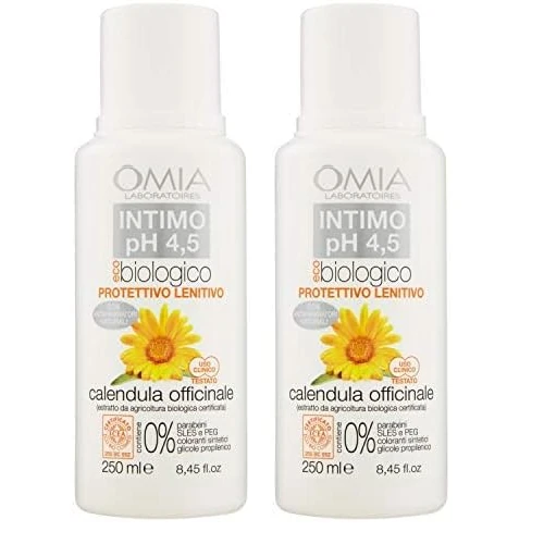Omia, Sapone Intimo Eco Bio Ph 4.5 Calendula Officinale, Detergente Intimo con Azione Rinfrescante e Addolcente - Indicato per Donne e Bambine - Dermatologicamente Testato, Nichel Free - 250 ml