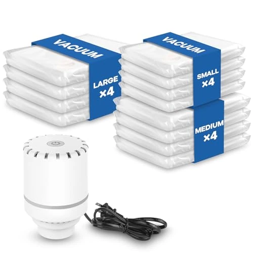 Vacbird Vacuum Storage Bags,Reusable Space Saver Bags with Electric Air Pump, Double Zip and Airtight Valve for Travel and Home, Blanket, Pillows, 12 Pack (4 Large,4 Medium, 4 Small)