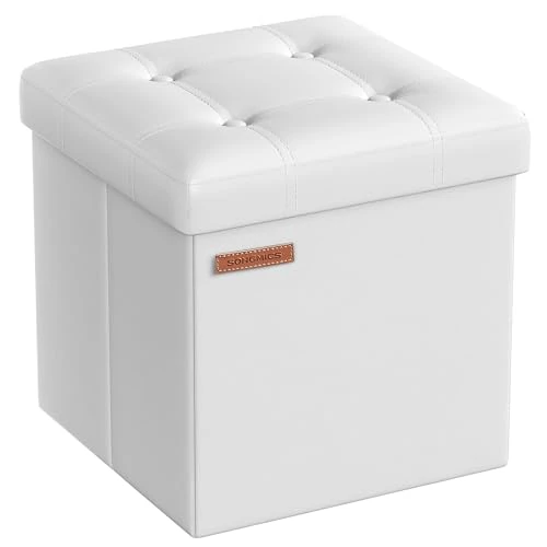 SONGMICS Puff Almacenaje de 38 cm, Banco de Almacenamiento Plegable con Tapa, Reposapiés, Cuero Sintético, Carga de 300 kg, para Entrada, Sala de Estar, Dormitorio, Blanco Nube LSF030W11