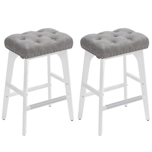 VASAGLE Barkruk, set van 2, keukenkruk, PU-bekleding met gewatteerde knopen en klinknagels, poten van hout, hoogte 66 cm, eetkamer, eenvoudige montage, duifgrijs LBC085G01