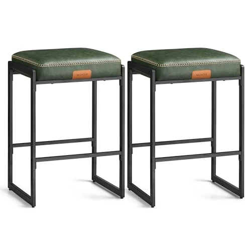 VASAGLE EKHO Collection LBC086C01 Keukenkruk, set van 2 barkrukken, PU met naden, modern uit het midden van de eeuw, hoogte 66 cm, eetkamer, eenvoudige montage, bosgroen