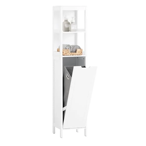 Limited-time offer: SoBuy Slim Bathroom Storage Cabinet with Laundry Basket 145cm Tall Unit with Open Shelves and Pull-Out Hamper Narrow Bathroom Cabinet for Small Spaces White BZR123-W from 96.95 GBP to 96.95 GBP (save 0%)