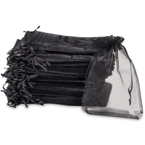 Carehabi Kerstcadeauzakjes, organzazakjes, cadeauzakjes, sieradenzakjes, bruiloft, zakjes, lavendelzakjes, huwelijksgunst, 50 stuks, 7 x 9 cm, zwart