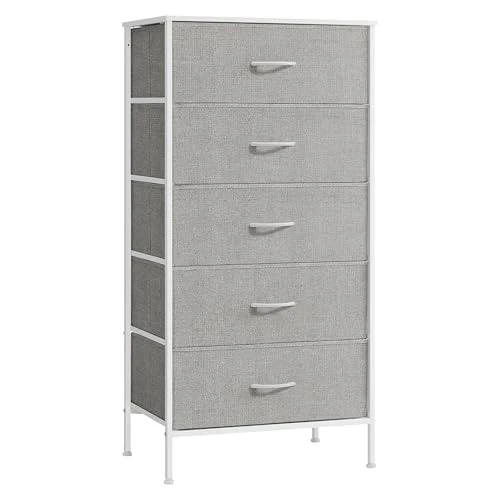 SONGMICS Kommode mit 5 Schubladen, Aufbewahrungsschrank mit 5 Stoff-Schubladen, 40 x 60 x 120 cm, modern, weiß-hellgrau LTS815W01