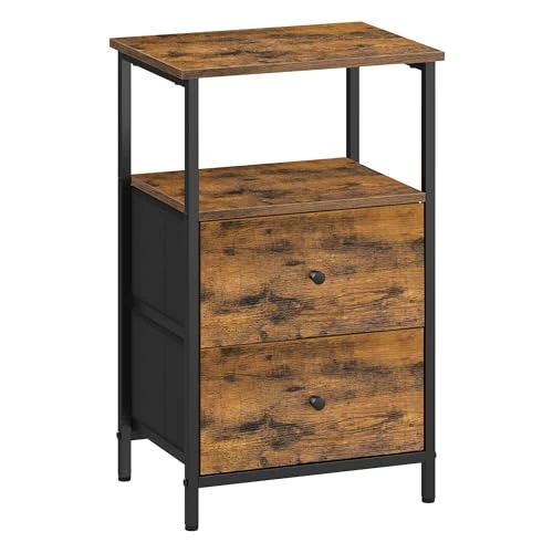 VASAGLE Nuit, Table de Chevet avec 2 Tiroirs en Tissu, 61 cm de Haut avec Étagère de Rangement, pour Salon, Chambre, Marron Rustique LGS025B01, Noir d’Encre et Noir Mat, 38 x 28 x 61 cm