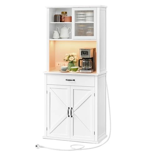 VASAGLE Meuble de Rangement avec Lumières et Chargeur, Placard de Cuisine, avec Portes et Tiroirs, 39,5 x 80,4 x 180,6 cm, Étagères Réglables, Style Campagne, Blanc Nuage BBK363W21V1