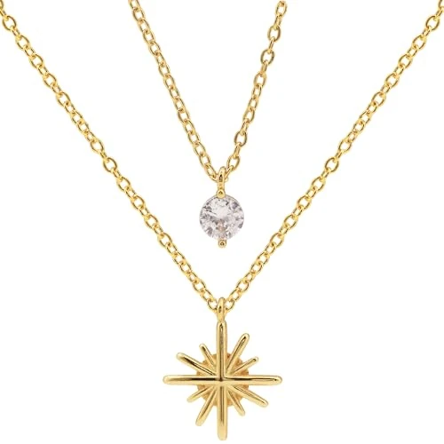 LIHELEI Collares con Colgante de Estrella para Mujer, Gargantilla con Colgante de Estrella de Cristal de Doble Capa de Plata de Ley 925, Joyería de Boda para Mujer Regalos para Niñas - Oro