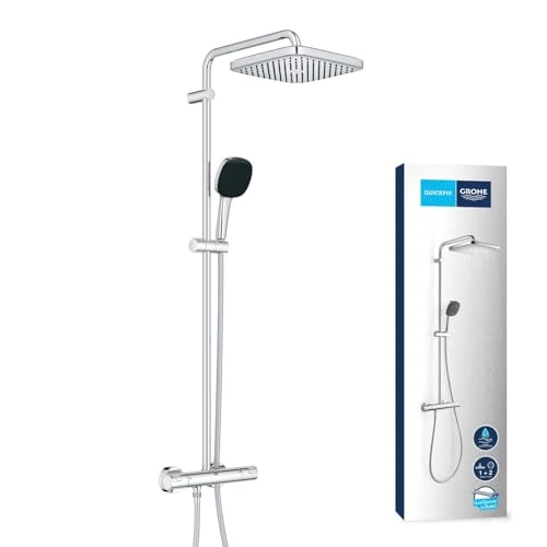 Offre limitée : GROHE Vitalio Comfort 250 Colonne de Douche avec Mitigeur Thermostatique (Douche de Tête Cube 25cm 1 jet (Pluie), Pommeau de Douche 11cm 2 jets, Flexible 1.75m, Economie d'Eau, Chromé, 26696001 de 319.90 € à 303.90 € (5% de remise)