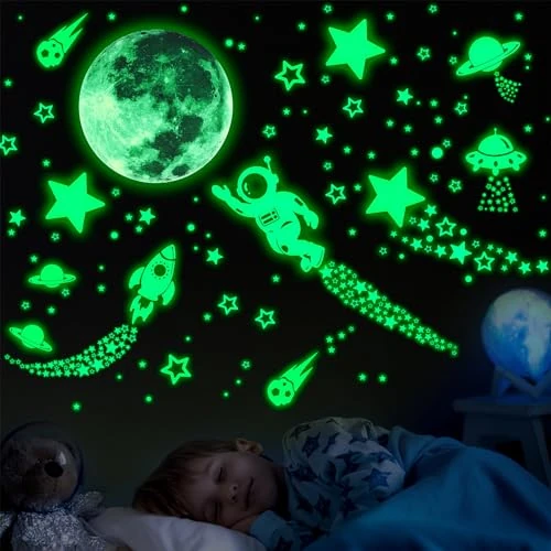 ECHOCUBE 1503st Glow in The Dark Wandstickers, Astronauten Sterren Stickers, Lichtgevende Stippen Sterren en Maan DIY Fluorescentie Stickers voor Meisjes Jongens Kids Slaapkamer Decoratie (Groen)