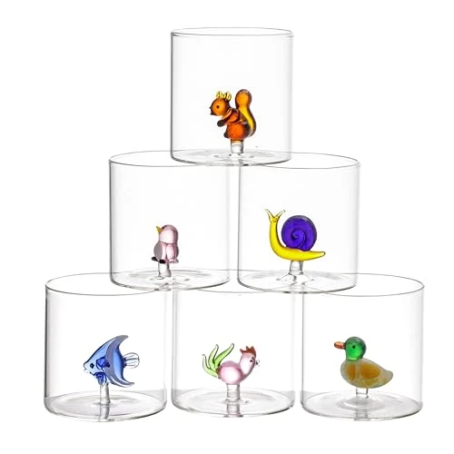 Baroni Home 6 Borosilicate Glasses, 32 cl Set of 6, Transparent, Assorted Colors, Animals, Dishwasher Safe, 8 x 8 x 8.5 cm