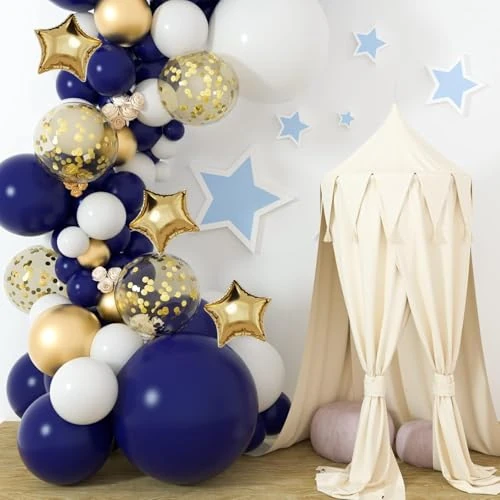 Blauwe ballonboog kit, 128 stuks marineblauwe, goud-witte ballonnen slinger, 45,5 cm / 35,5 cm latex ballonnen voor verjaardag, afstuderen, jubileum, nieuwjaarsfeest decoratie