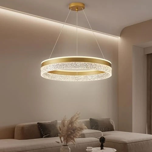 Offerta a tempo: KSIBNW Lampadario A Sospensione LED Dimmerabili, Moderna Lampadario Camera Soggiorno Regolabile Rotondo Ø50cm Acrilico Metallo Lampada A Sospensione Oro Appendere Luci Cucina, 3000K/4000K/6000K - 0.00% da 109.99 € a 109.99 €