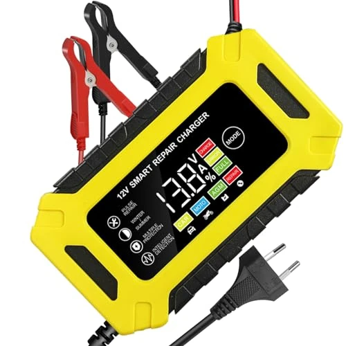 Chargeur Batterie Voitures 12V 6A, Chargeur de Batterie Intelligent Moto avec Fonction Réparation, Maintien de Charge Auto, Écran LCD, pour Voiture Moto Camion, AGM, Gel, Wet, SUV