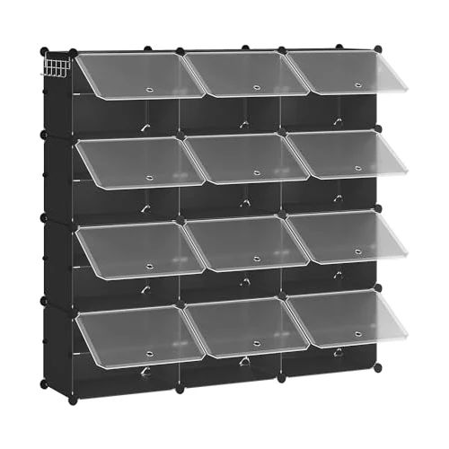 HOOBRO 12 Tier Shoe Rack Shoe Rack 48 Pairs Shoes Storage Rack 40x30x30cm Per Compartment Narrow with Doors Plastic for Living Room Bedroom Hallway Entrance Black EBK38SC01G1