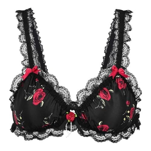 Offerta a tempo: Satini Femminuccia con Volant Pizzo Attillato Raso Bralette Reggiseno (Nero - Rose Rosse, M) - 50% da 26.99 € a 13.49 €