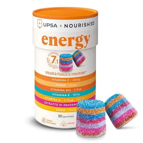 Offerta a tempo: UPSA Gummies - Vitalità Fisica e Mentale, Riduzione Stanchezza Gummies x30 - Senza Zuccheri - Vitamine C, D, B12, Zinco, Ferro e Zenzero - Energy Integratore Alimentare - con Edulcoranti, Vegan - 37% da 19.90 € a 12.56 €
