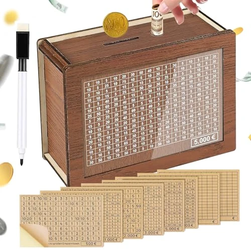 Wooden Money Box, Money Box with Numbers Checking, Money Box with Target, Money Box with Counter for Ticking, Piggy Bank with Savings Target, Money Box €500 €1,000 €3,000 €5,000 €10000