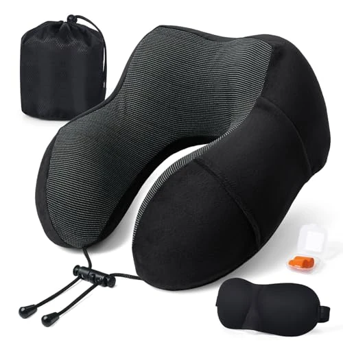 Travel Neck Pillow Made of Memory Foam, with 3D Eye Mask & Earplugs, Travel Pillow, Soft Cotton, U-Shaped Sleeping Neck Support Pillow, Travel Pillow for Plane, Car, Train, Office and Camping (Black)