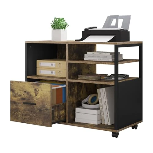 Offerta a tempo: WOLTU Schedario da Ufficio con 4 Scomparti a Giorno, Mobile da Ufficio per Documenti con Ruote, Mobile Vintage per Stampante con 1 Cassetto, in Legno e Metallo, Marrone Rustico e Nero, ASK05hov - 20% da 75.99 € a 60.79 €