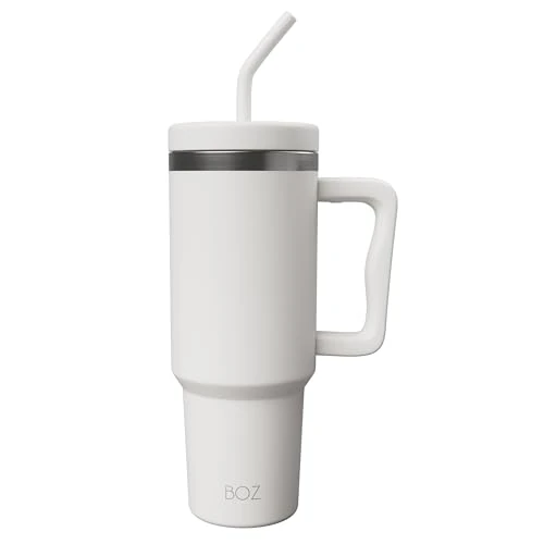 BOZ Kubek podróżny wielokrotnego użytku, z uchwytem i pokrywką ze słomki, przyjazna dla uchwytu, izolowana butelka na wodę ze stali nierdzewnej, kubek podróżny wielokrotnego użytku, idealny do