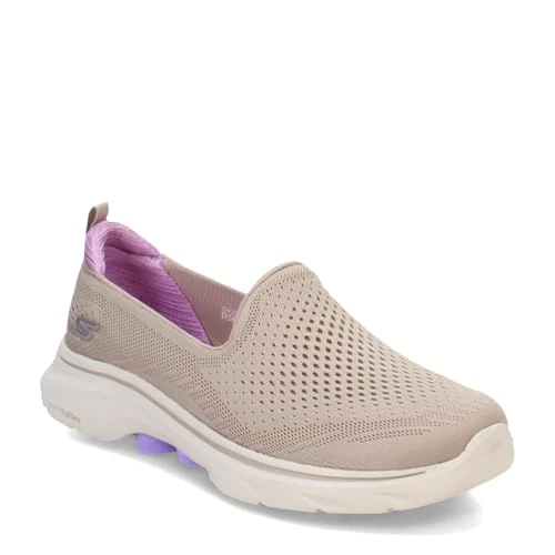 Skechers Women's Go Walk 7 Vina Slip-On Sneakers, Taupe Textile/Lavender Trim, 7.5 UK