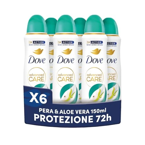 Dove Advanced Care Go Fresh Pera y Aloe Vera con fórmula hidratante y agradable al tacto, sin alcohol, piel seca hasta 72 horas, desodorante para hombre y mujer, 6 unidades de 150
