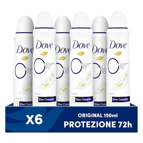 Dove Deodorant Spray 0% Original, Alcohol and Aluminium Salts, with Moisturising and Gentle Formula, Dry Skin up to 48 Hours, Deodorant for Men and Women, Pack of 6 x 150 ml