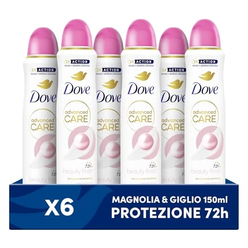 Dove Advanced Care Beauty FInish dezodorant w sprayu, z formułą nawilżającą i przyjazną dla skóry, bez alkoholu, sucha skóra do 72 godzin, dezodorant dla mężczyzn i kobiet, 6 sztuk 150 ml