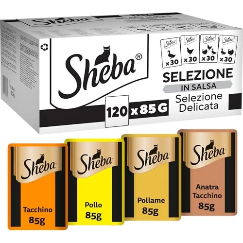 Offerta a tempo: Sheba Selezione Delicata in Salsa, gusti Pollo, Tacchino, Pollame, Anatra, cibo umido completo per gatti adulti, 120 Bustine da 85g - 39% da 72.51 € a 43.99 €