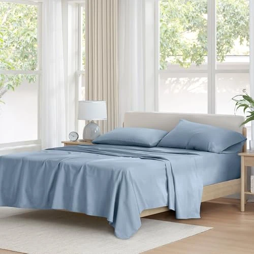 Comfort Spaces 100% Cotton Sheet Set Breathable, Lightweight, Soft with 14" Elastic Pocket Fits up to 16" Mattress, All Season Cozy Bedding, Matching Pillow Case, Queen Blue 4 Piece