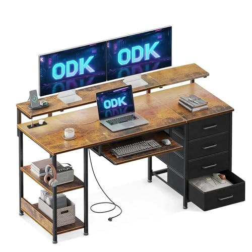 Limited offer: ODK Desk with 4 Drawers, Large Desk with USB Charging Port and Socket, Computer Desk with Shelf for Home Office (Brown, 140 x 52 x 92 cm) from 139.99 EUR to 113.99 EUR (save 19%)