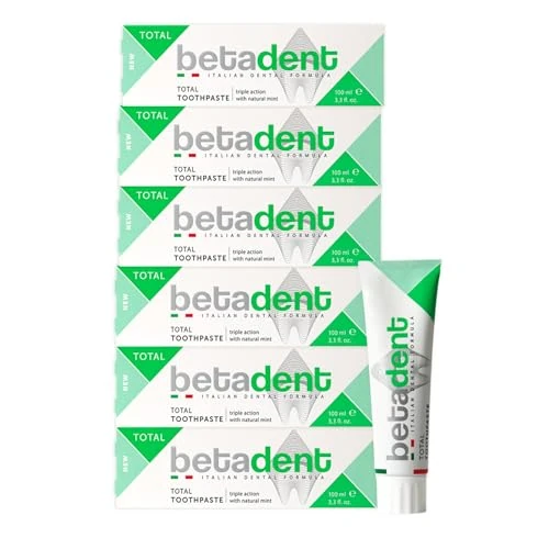 Betadent ZESTAW 6 DENTYFRIC TOTAL Potrójne działanie przeciw płytce, kamień nazębny, próchnica, zapalenie dziąseł. Z naturalną miętą, oddech fesco. 6x100ml