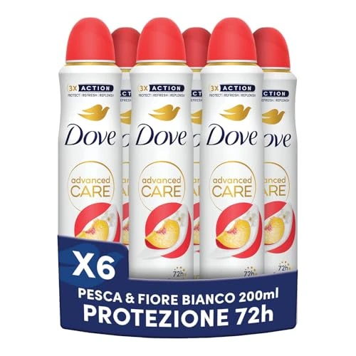 Dove Advanced Care Go Fresh Peach & White Blossom Desodorante antitranspirante con triple tecnología hidratante en spray para protección de 72 horas y cuidado de las axilas, 6 x 200 ml