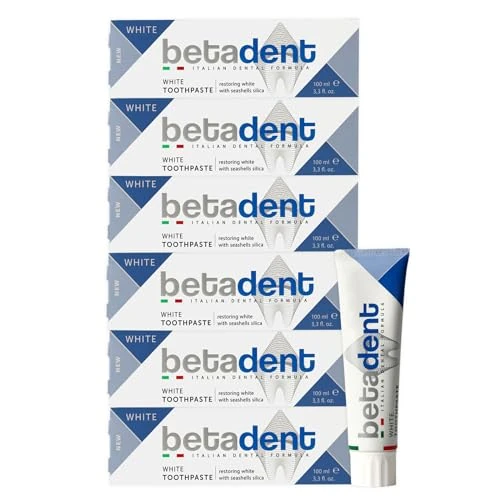 Offerta a tempo: Betadent KIT 6 DENTIFRICIO WHITE SBIANCANTE. Delicato e non abrasivo, ripristina il bianco naturale dei denti. Alito fresco, azione antiplacca, antitartaro - 6x100ml - 38% da 16.00 € a 9.89 €