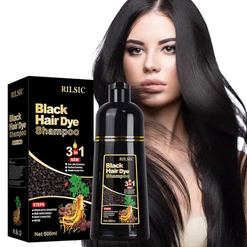 Offerta a tempo: RILSIC Shampoo Capelli Nero per Capelli Grigi, 500 ml Black Hair Dye 3 in 1, Colore Naturale, Shampoo Capelli Colorante Bianchi Istantaneo, Tintura per Capelli per Uomini Donne (Nero) - 30% da 19.99 € a 13.92 €