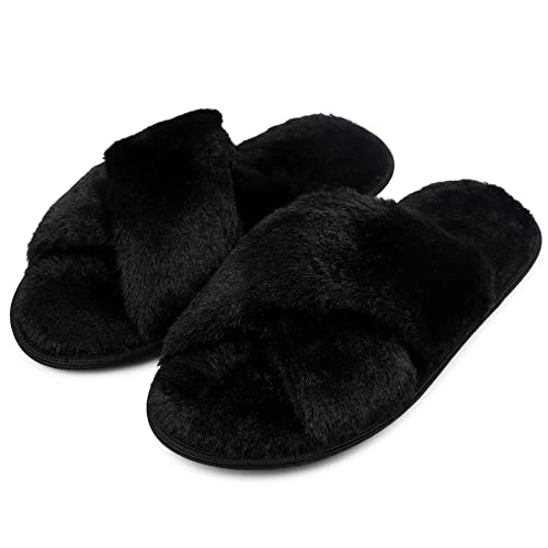 riemot Slippers Women Fluffy Slipper Memory Foam Cross Band Furry Open Toe Ladies Sliders Soft Fur Warm Slip Plush Home Anti-Slide House Shoes for Girls Indoor Outdoor, Black, UK 3-4