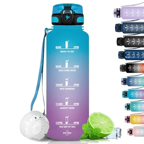 Grsta Gourde, 1.5L Gourde Sport, sans BPA, Bouteille d'eau, Graduée pour 1 Journee, Filtre et Marqueur de Temps, Motivation pour la randonnée, l'école - Bleu violet