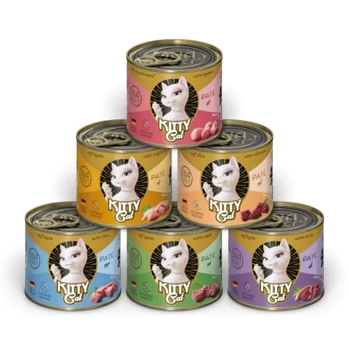 Offerta a tempo: KITTY Cat Paté Mix 1, 6 x 200 g, cibo umido per gatti in confezione da prove, cibo per gatti senza cereali con taurina, olio di salmone e cozze verdi con alto contenuto di carne, prodotto in Germania - 43% da 13.95 € a 7.99 €