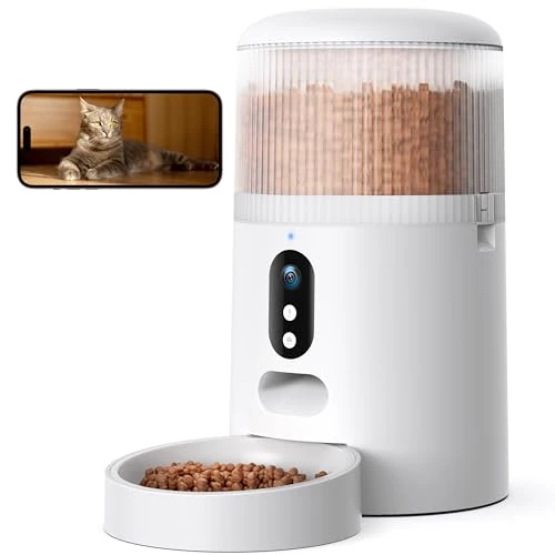 Faroro Comedero Gato Automatico WiFi, 3MP HD Cámara con Visión Nocturna, 4L Alimentador para Perros/Gatos con Audio Bidireccional, App Control, Detección de Movimiento y Fuente de Alimentación Dual