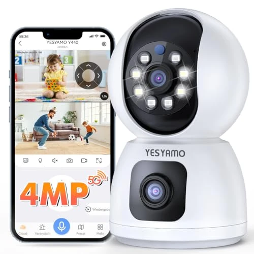 YESYAMO Kamera monitorująca WiFi kryty 2.5K 4MP, kamera monitorująca dom z 2.4G/5G WiFi 360° kamera bezpieczeństwa dziecka, pies, noktowizor, automatyczne śledzenie, wykrywanie AI