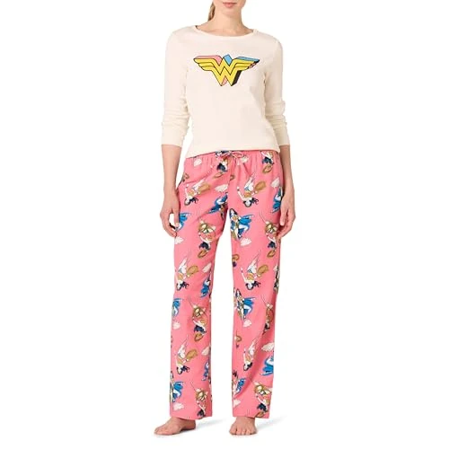 Amazon Essentials Pigiama con Maglia a Maniche Lunghe e Pantaloni in Flanella Leggera Donna, Pose Di Wonder Woman - Da Donna, M