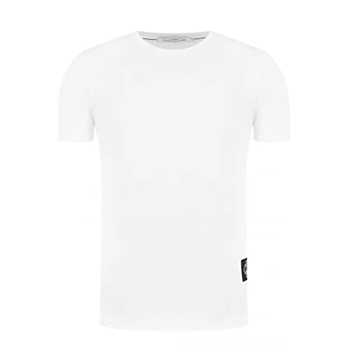 Calvin Klein Men's Badge Short Turn Up Sleeve Round Neck T-Shirt, White (Bright White), XXS
