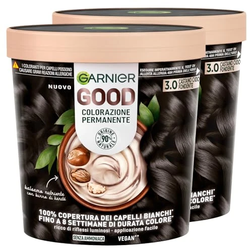 Garnier Good Tinta Colorazione Permanente Fino a 8 Settimane Colore Brillante e Luminoso Copre il 100% dei Capelli Bianchi Formula Vegana Senza Ammoniaca 3.0 Castano Cioccolato Fondente - 2 Confezioni