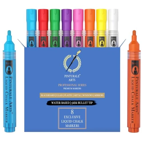 Pinturale Arts Pennarello Gesso Liquido Cancellabili | Set 8 Colori | Pennarelli Per Vetro Lavabili | Punta 3 mm | Pennarelli Gesso Liquido Per Lavagna Nera, Per Vetro, Cancellabile A Secco