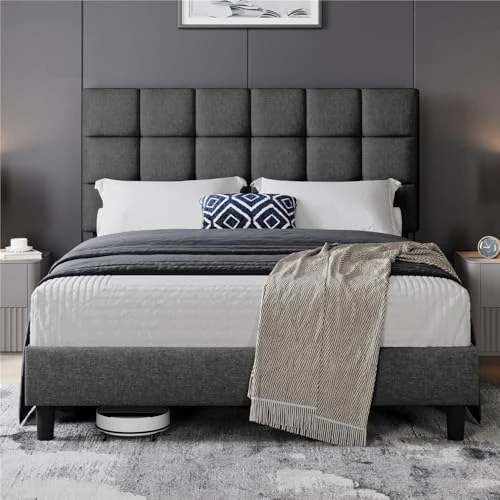 Yaheetech Lit Double Rembourré 160x200cm, avec Tête de Lit Réglable en Hauteur, Cadre de lit Capitonné avec Sommier à Lattes, Lit pour Adultes 2 Personnes, en Bois et Métal, Gris Foncé