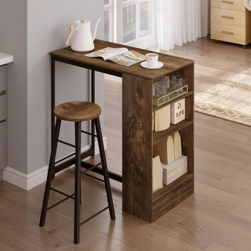 WOLTU Table Bar 90 x 50 x 90 cm, Table Haute Cuisine et 3 Compartiments de Rangement, Mange Debout en Métal & Bois, Rustique+Noir