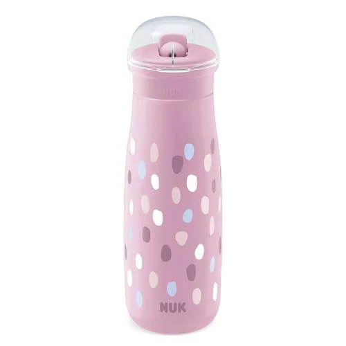 NUK Mini-Me Flip Toddler Cup with Straw | 12+ Months | 450 ml | Kids Water Bottle | Leak-Proof Toughened Spout | Shatter-Proof | Pink Paint Dabs