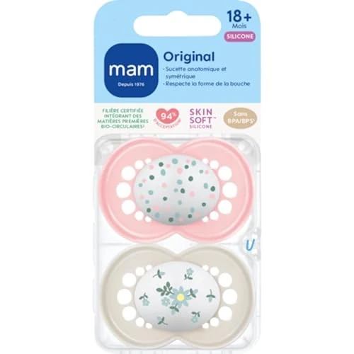 mam - Original Classic Pacifier 18+ months (2 pieces) random colour – Symmetrical and anatomical silicone teat – Baby pacifier with transport and sterilisation box