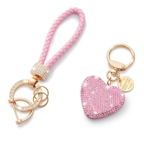 Offerta a tempo: CHUQING, portachiavi per auto da donna, portachiavi con strass glitterati, cinturino ad anello con ciondoli, decorazione per chiavi dell'auto, rosa - 31% da 11.99 € a 8.30 €