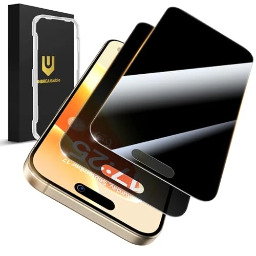 Tijdelijke aanbieding: UNBREAKcable Anti-spionage gehard glas voor iPhone 15 Pro Max (6,7 inch), displaybeschermfolie met eenvoudig installatiegereedschap [krasbestendig, anti-vingerafdruk en zonder luchtbellen] - 2 stuks van 16.61 EUR naar 16.61 EUR (korting 0%)